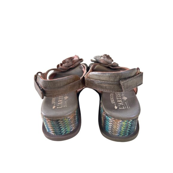 Spring Step L'Artiste Floral Low Boho Wedge Sandals Size 36 Leather Multicolor - Picture 4 of 10